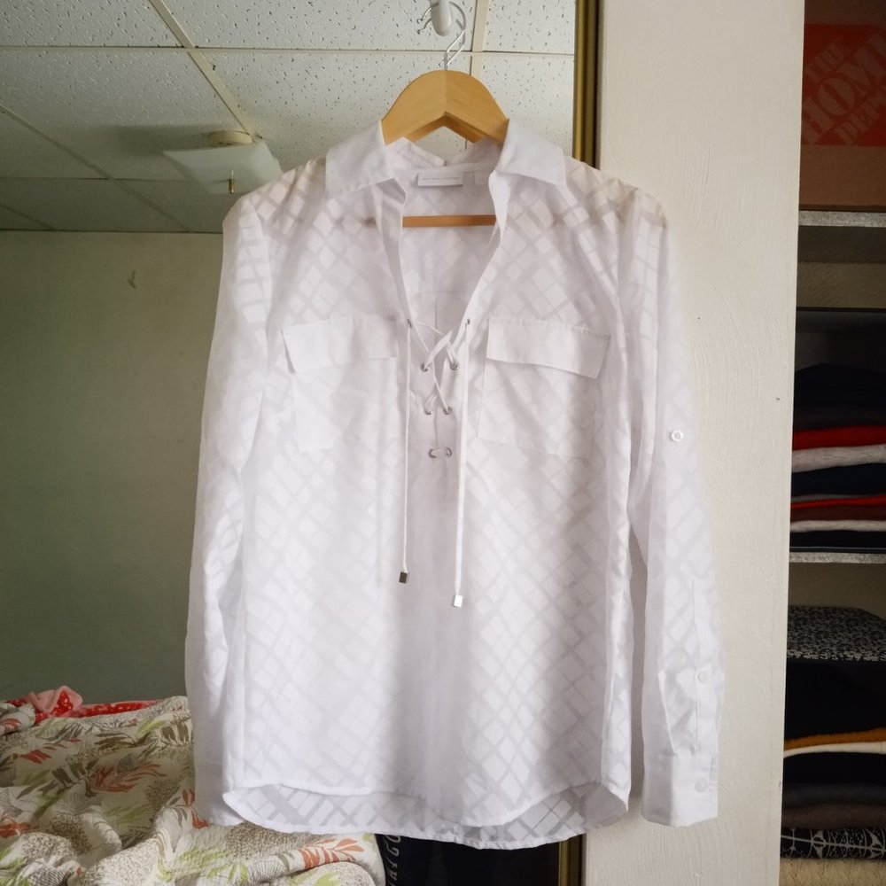 New York & Company // White Lace Up Top